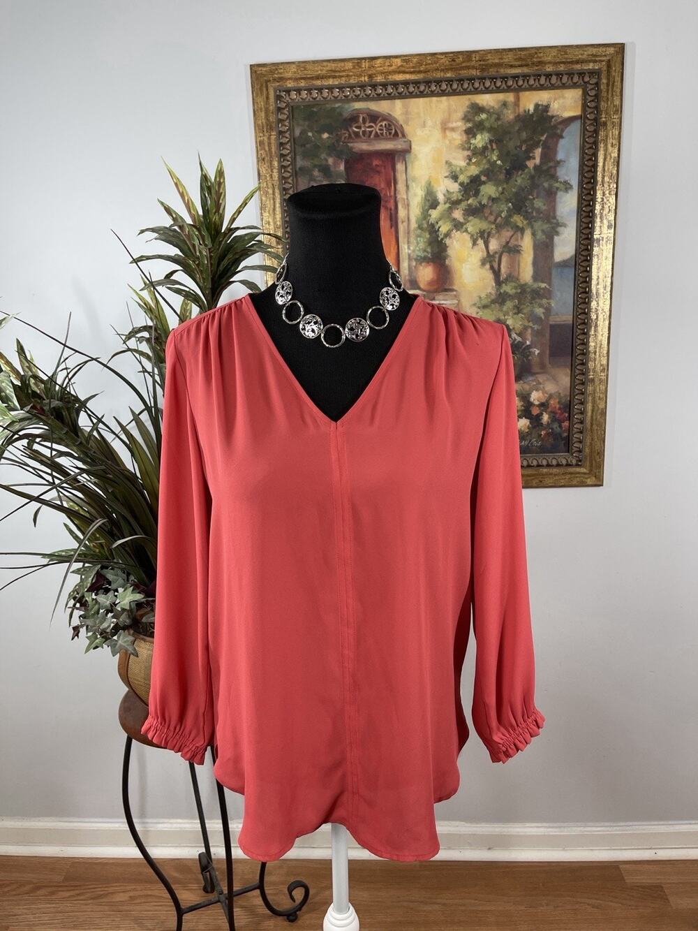 LOFT Outlet Coral V Neck Blouse Womens XS‎ Long Sleeve Career Casual Top Boho